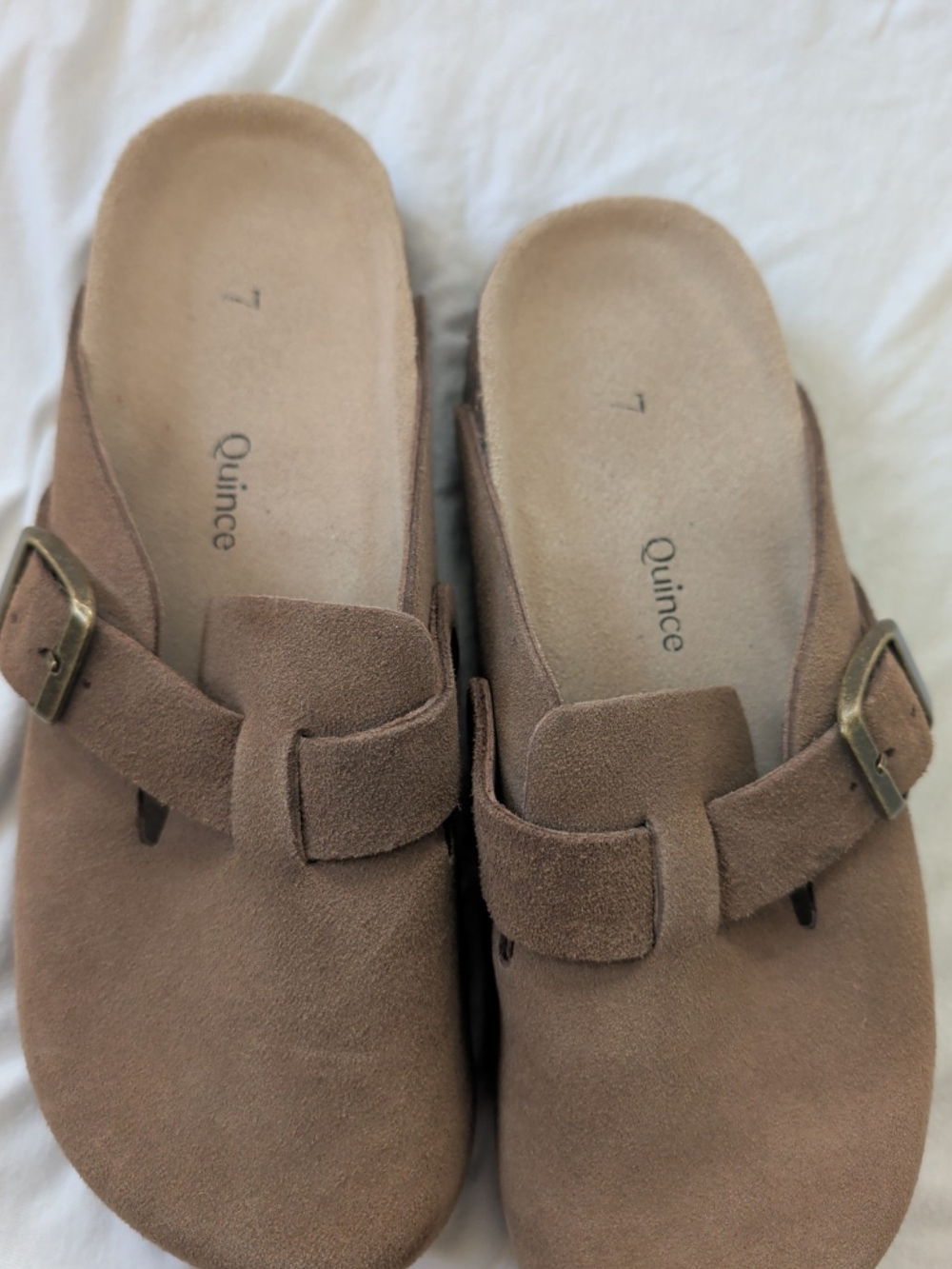 Quince Taupe Suede Adjustable Buckle Slide Mules